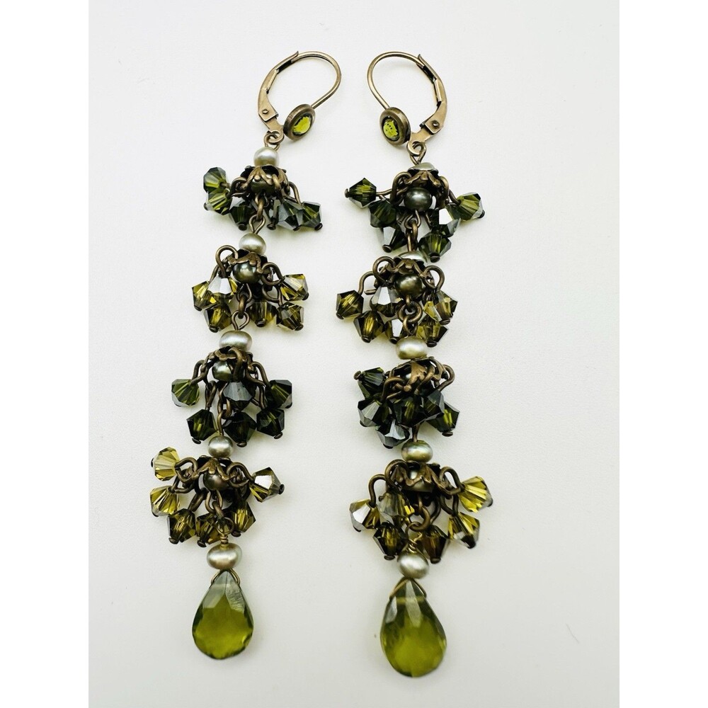 14k Gold Filled Freshwater Pearl Peridot Crystal Chandelier Earrings Lever Back